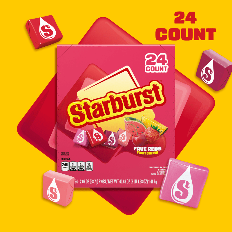 STARBURST Fave Reds Fruit Chews Candy, Single, 2.07 oz (Pack of 24)