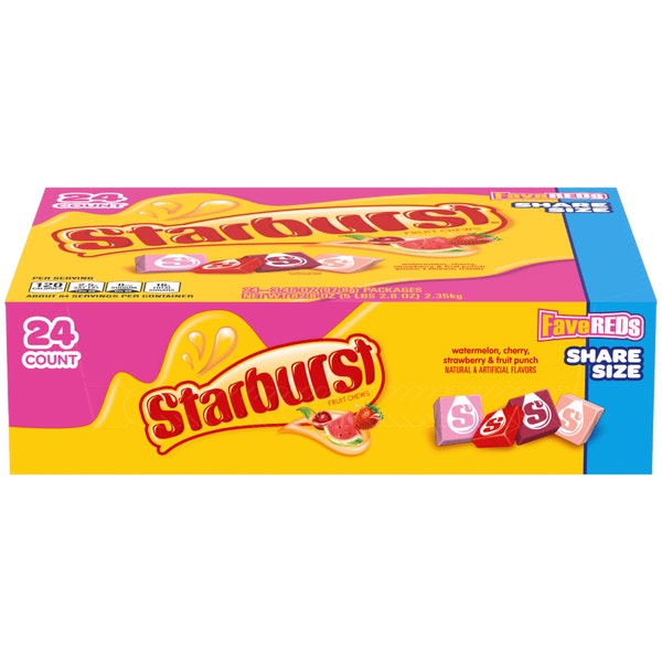 STARBURST Fave Reds Fruit Chews Candy Bag, 3.45 oz (Pack of 24)